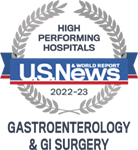 U.S. News High Performing Hospitals badge for Gastroenterology & GI Surgery